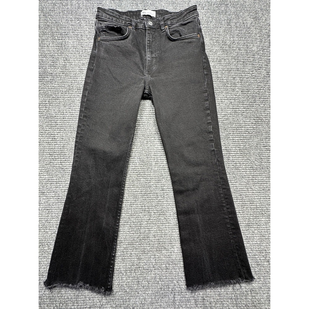 Zara Jeans Womens 6 Black Washed Straight Leg Raw Frayed Hem‎ Ankle Denim